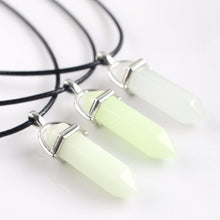 Hexagonal Natural Crystal Stone Pendant Necklace in One of Three Glow in the Dark Colors