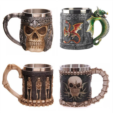 Stainless Steel 3D Mugs with designs like Skull, Dragon, Skull Knight, Skeletons and Wolf